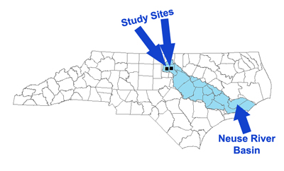 Map Image of neuse river basin and study sites at far northwest end